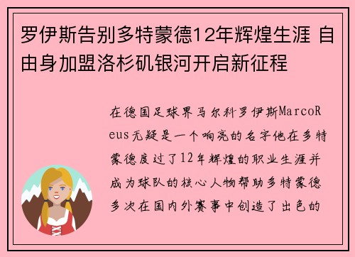 罗伊斯告别多特蒙德12年辉煌生涯 自由身加盟洛杉矶银河开启新征程
